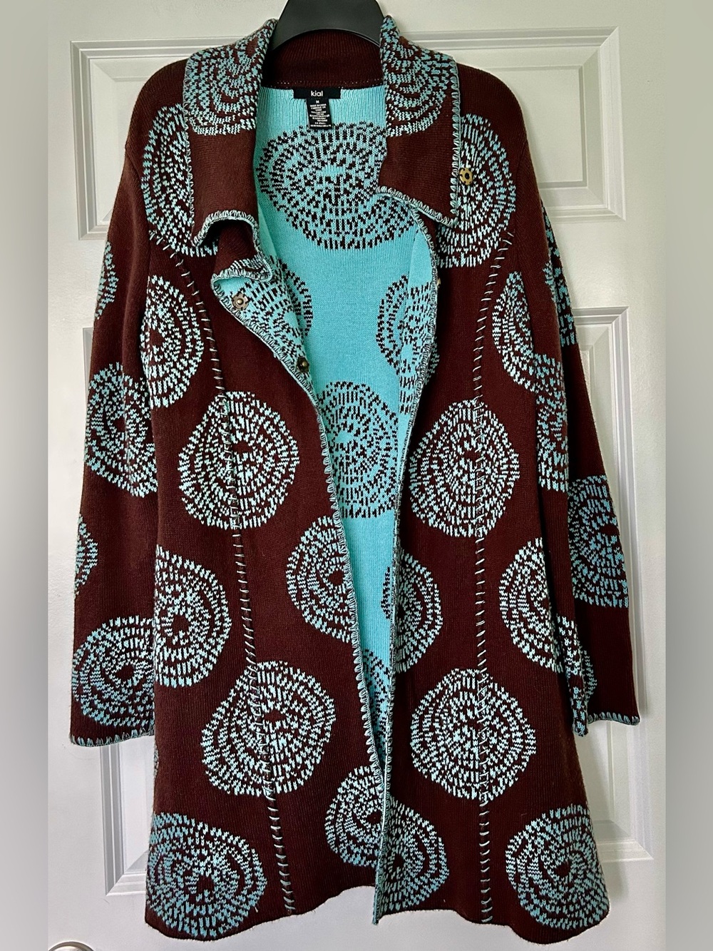 kial Brown and Aqua Pattern Open-Front Long Knit Cardigan